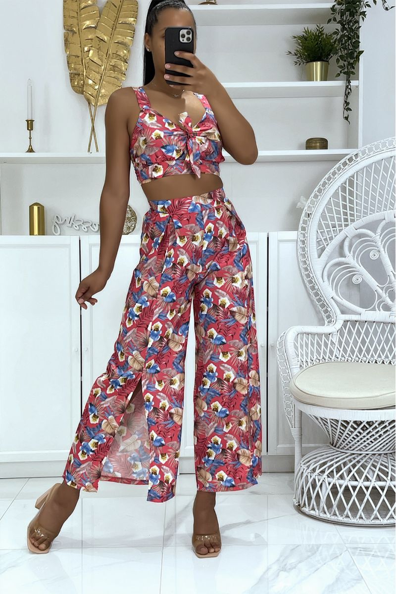 Fushia floral crop top set with pretty bow on the chest and split elephant leg pants - 1