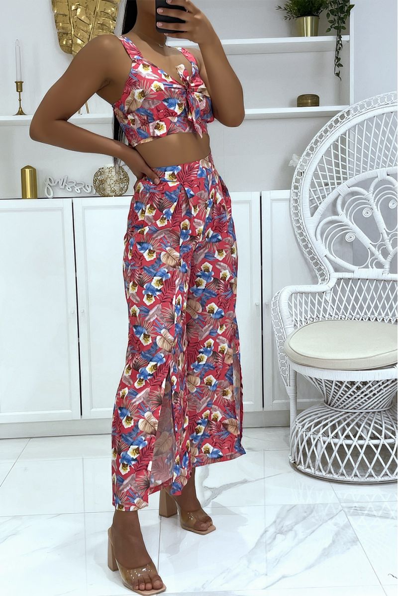 Fushia floral crop top set with pretty bow on the chest and split elephant leg pants - 2