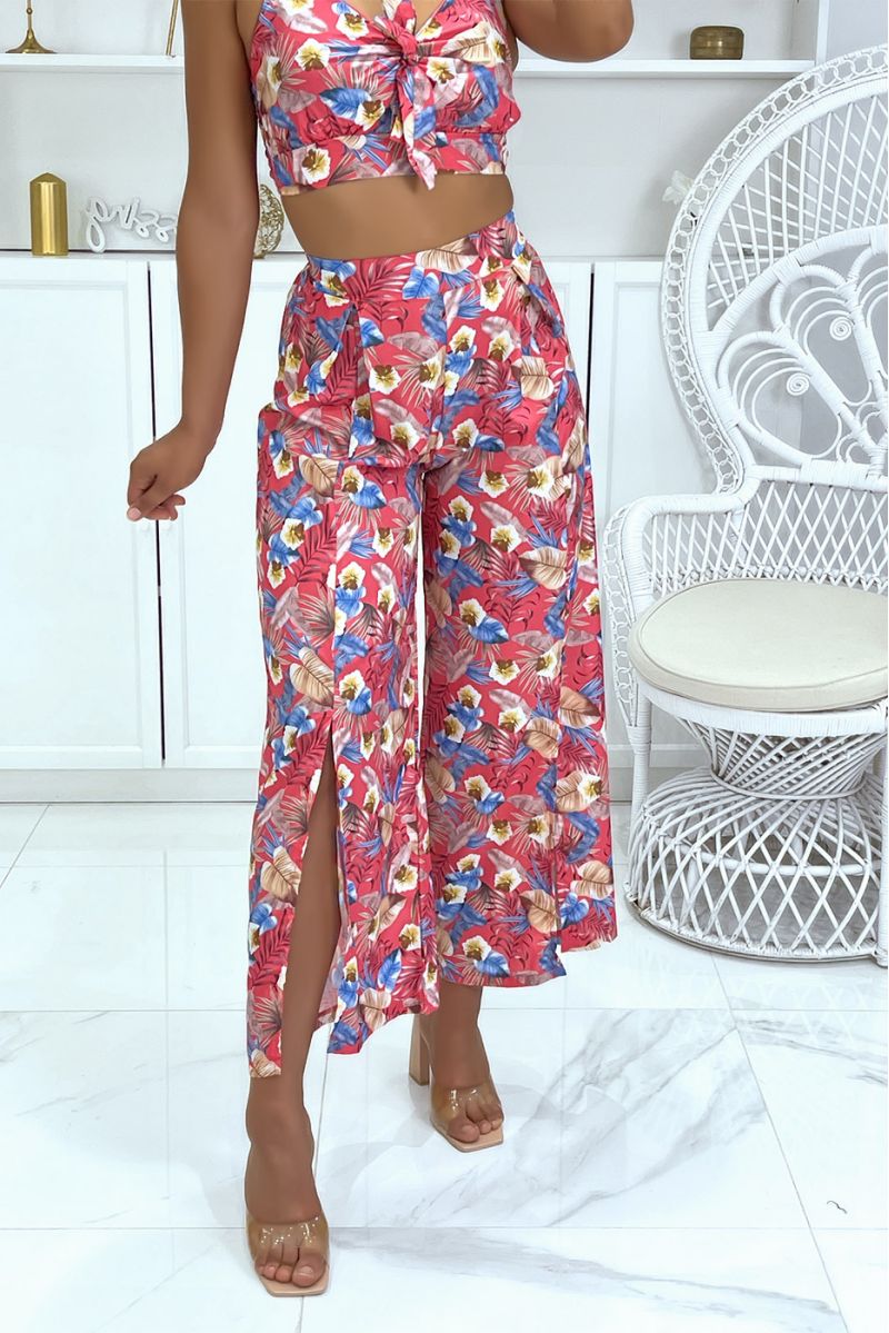 Ensemble fleuri fushia crop top à joli noeud à la poitrine et pantalon patte d'éléphant fendu - 3 Ensemble fleuri fushia crop top à joli noeud à la poitrine et pantalon patte d'éléphant fendu - 3