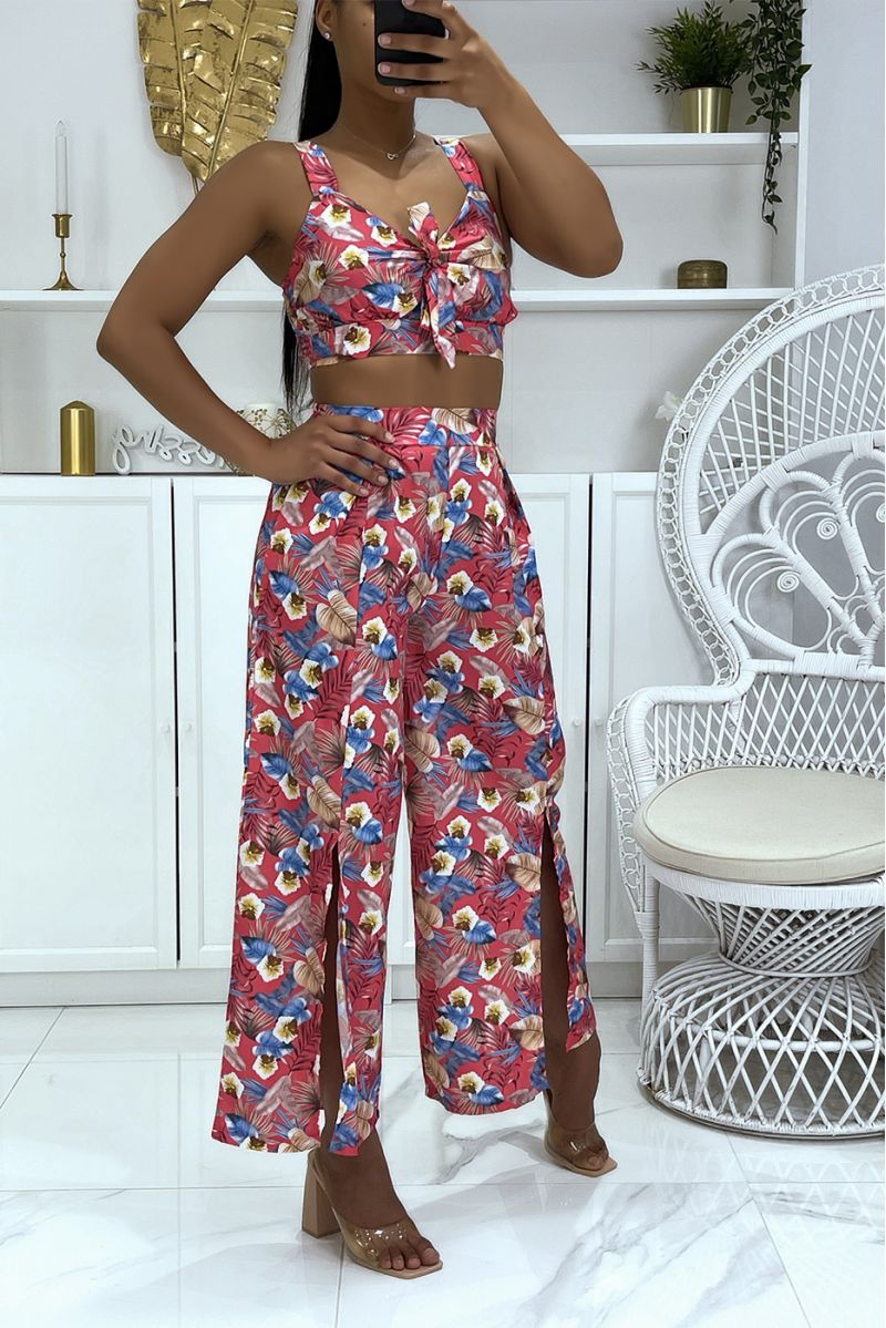 Fushia gebloemde crop top set met mooie strik op de borst en gespleten broek met olifantenbeen - 4