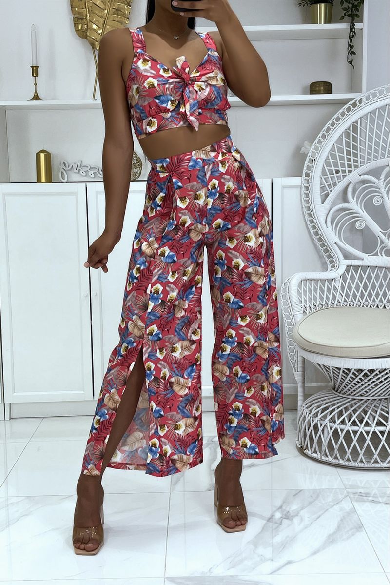 Ensemble fleuri fushia crop top à joli noeud à la poitrine et pantalon patte d'éléphant fendu - 5 Ensemble fleuri fushia crop top à joli noeud à la poitrine et pantalon patte d'éléphant fendu - 5