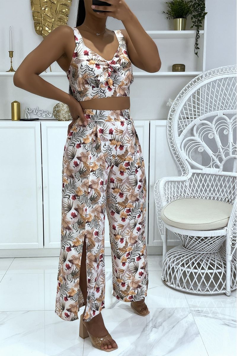 Ensemble fleuri fushia crop top à joli noeud à la poitrine et pantalon patte d'éléphant fendu - 7 Ensemble fleuri fushia crop top à joli noeud à la poitrine et pantalon patte d'éléphant fendu - 7