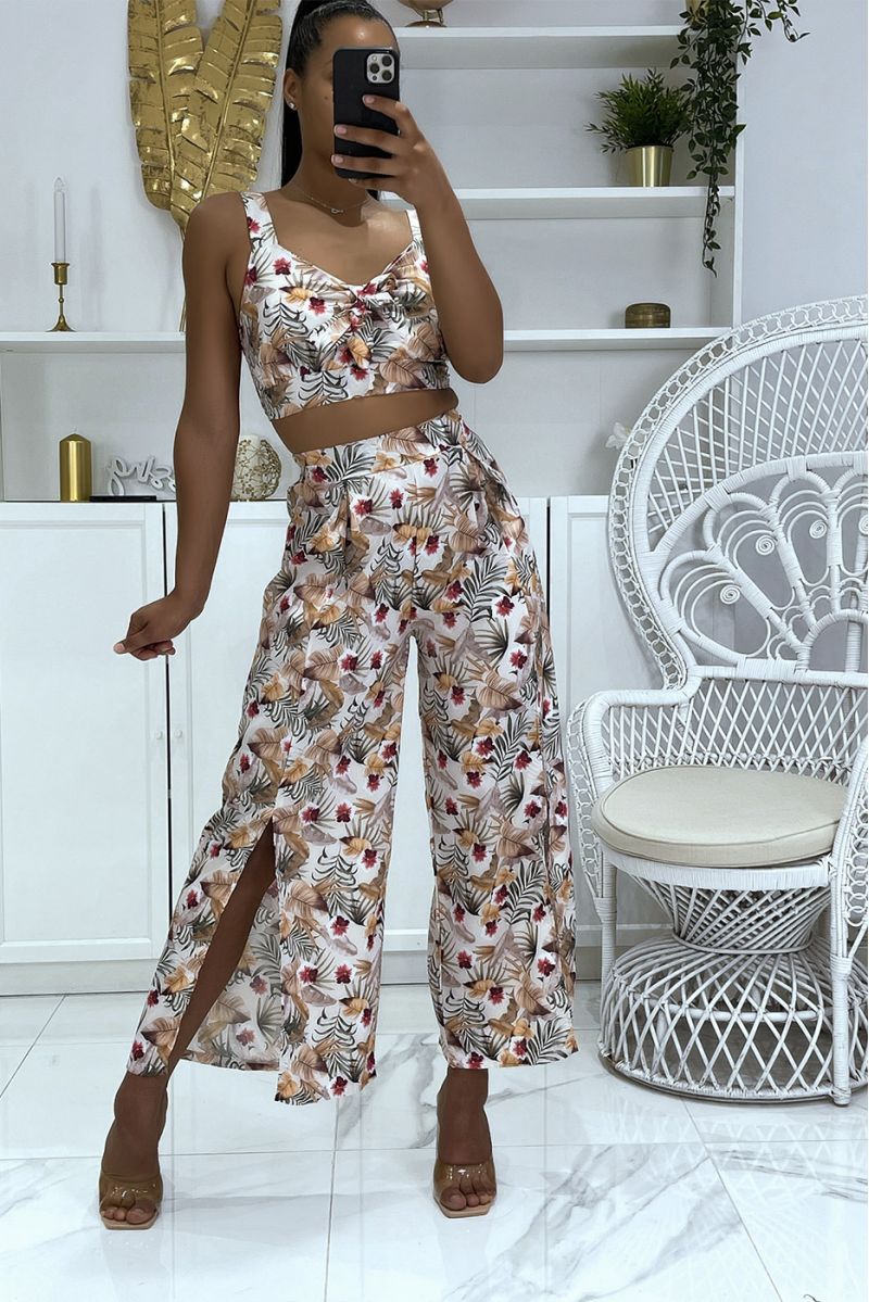 Ensemble fleuri fushia crop top à joli noeud à la poitrine et pantalon patte d'éléphant fendu - 8 Ensemble fleuri fushia crop top à joli noeud à la poitrine et pantalon patte d'éléphant fendu - 8
