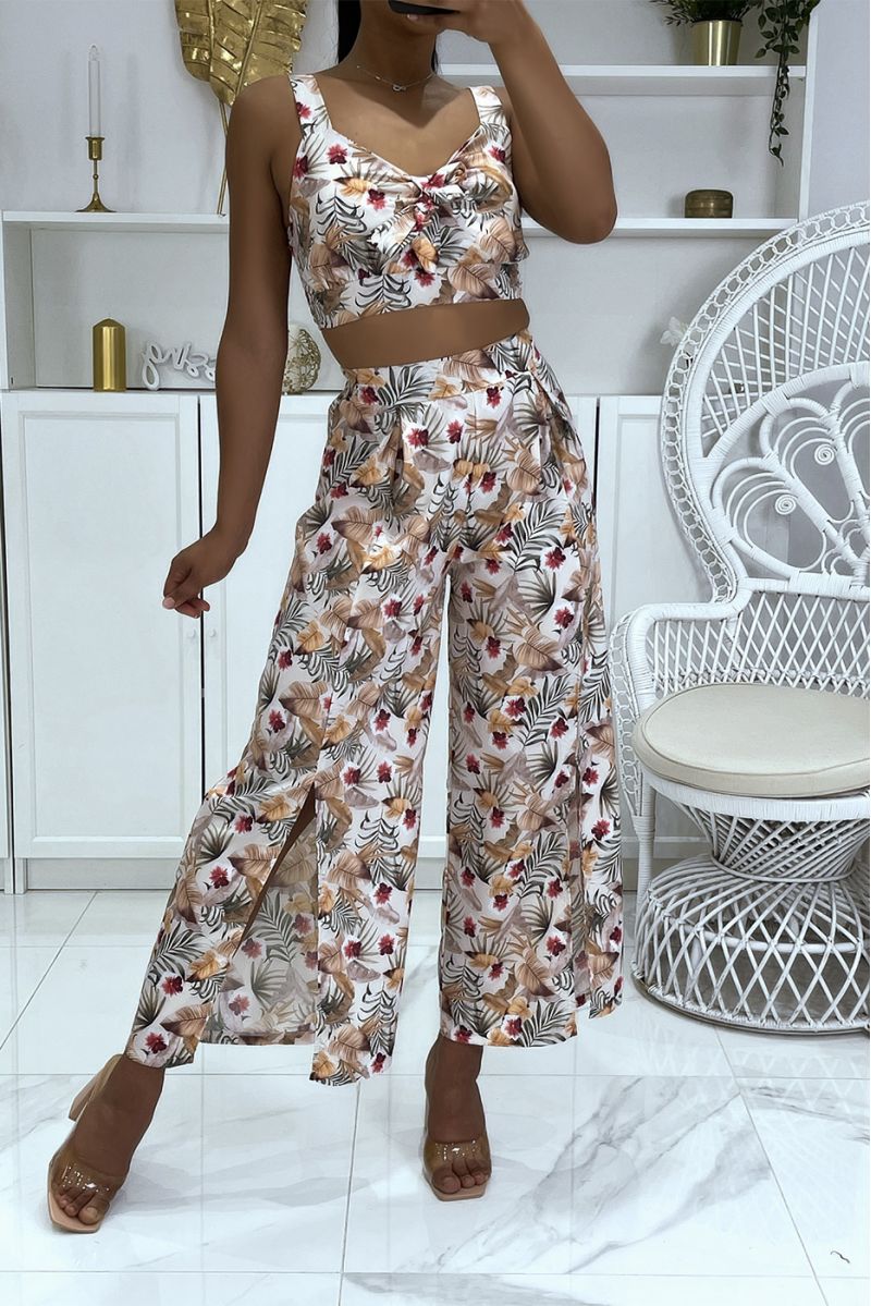 Ensemble fleuri fushia crop top à joli noeud à la poitrine et pantalon patte d'éléphant fendu - 9 Ensemble fleuri fushia crop top à joli noeud à la poitrine et pantalon patte d'éléphant fendu - 9