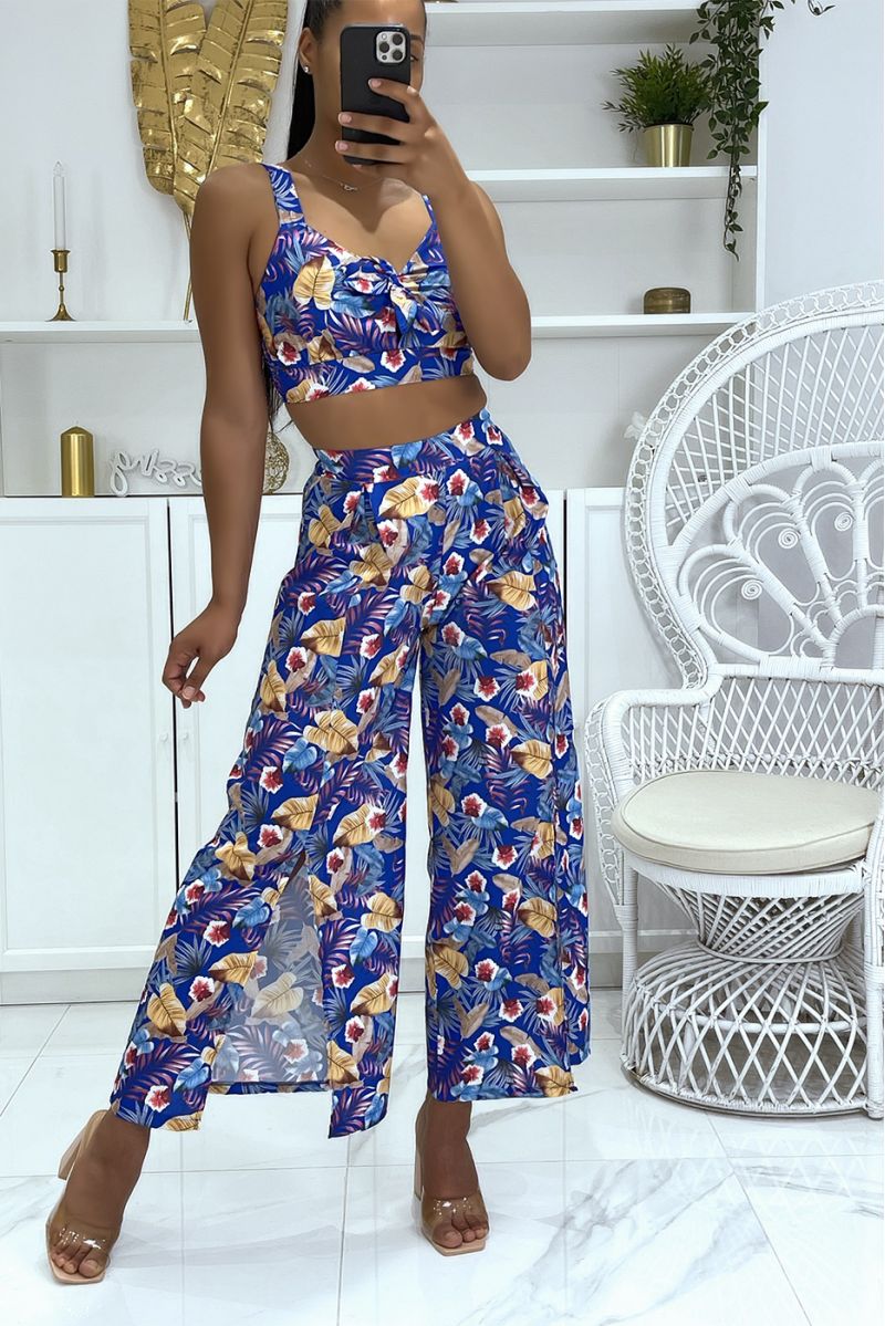 Royal floral crop top set with pretty bow on the chest and split bell  bottom pants