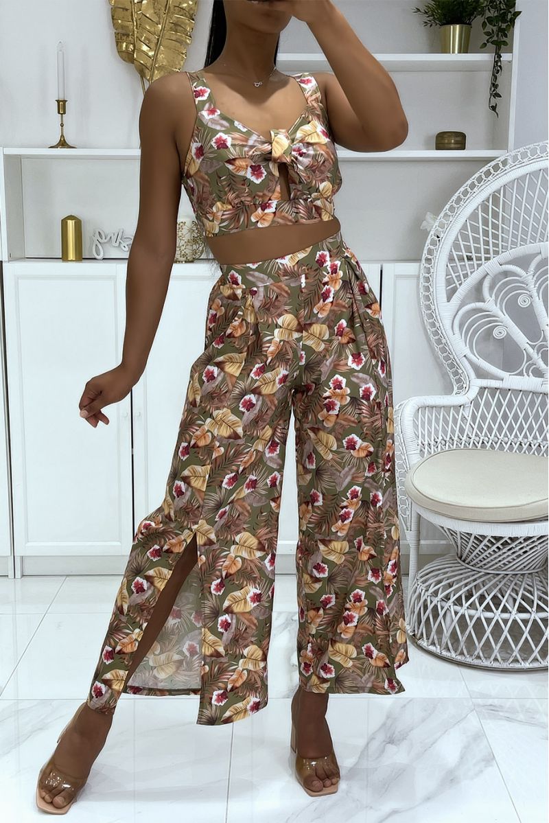 Ensemble fleuri vert crop top à joli noeud à la poitrine et pantalon patte d'éléphant fendu - 2 Ensemble fleuri vert crop top à joli noeud à la poitrine et pantalon patte d'éléphant fendu - 2