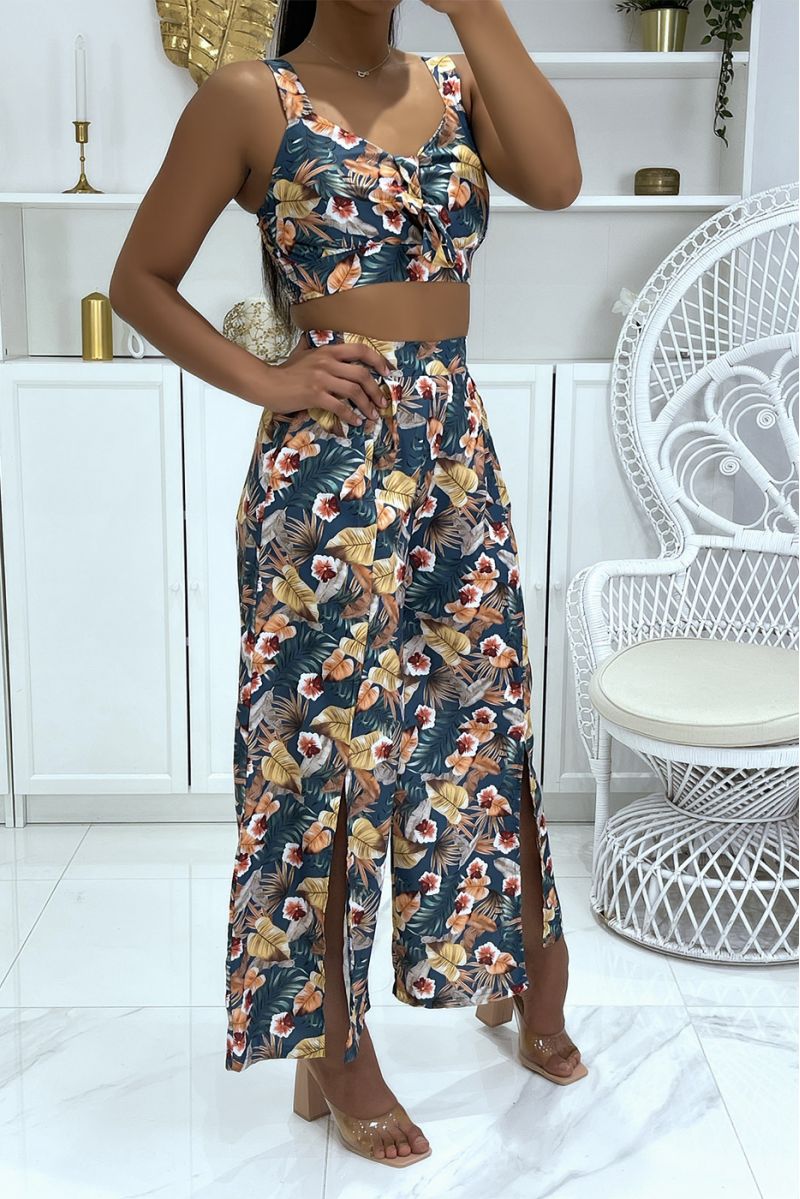 Indigo gebloemde crop top set met mooie strik op de borst en broek met split en bell bottom - 1