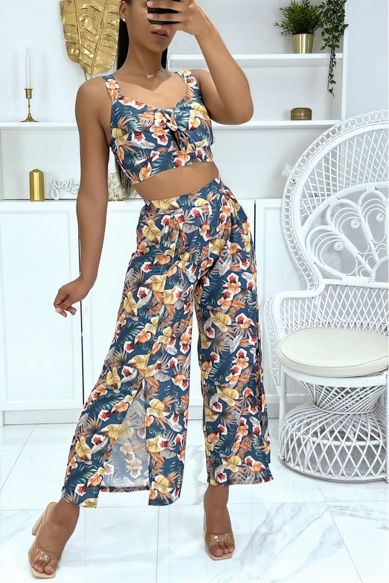 Indigo gebloemde crop top set met mooie strik op de borst en broek met split en bell bottom - 2