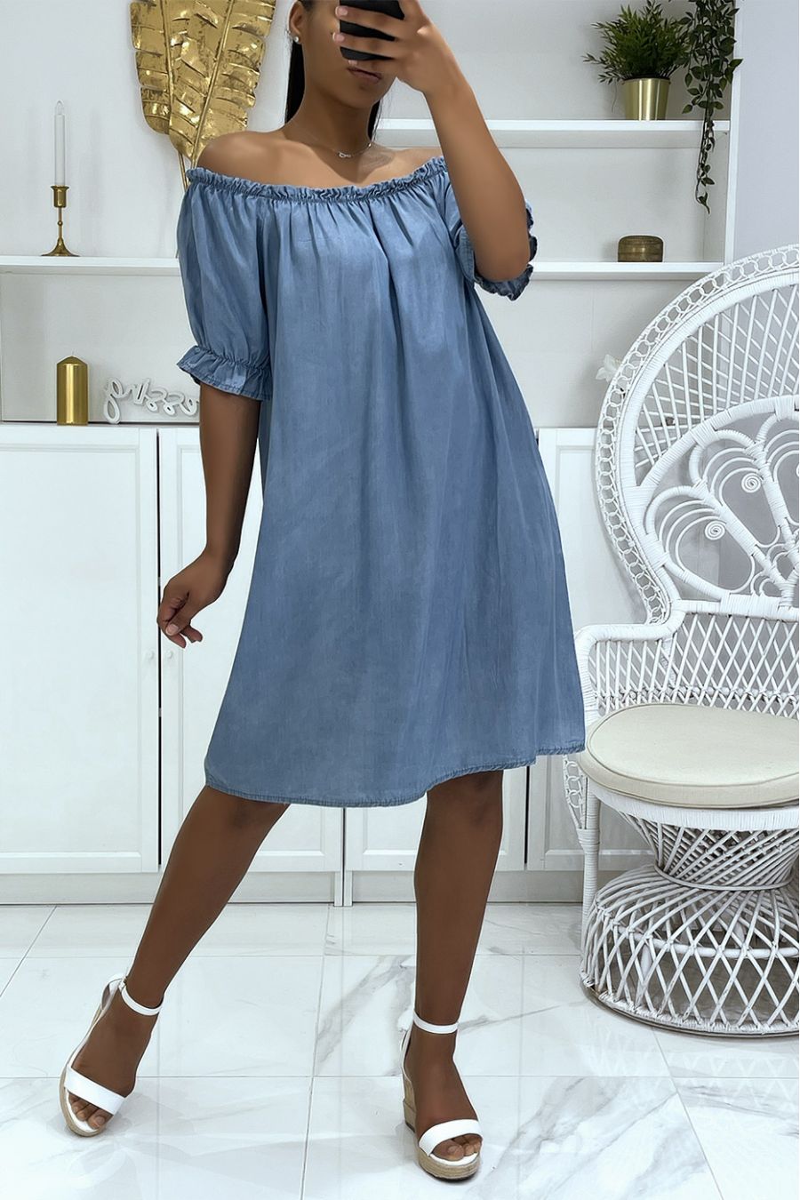 Light blue denim effect tunic with bardot collar and elastic mid-length sleeves - 2