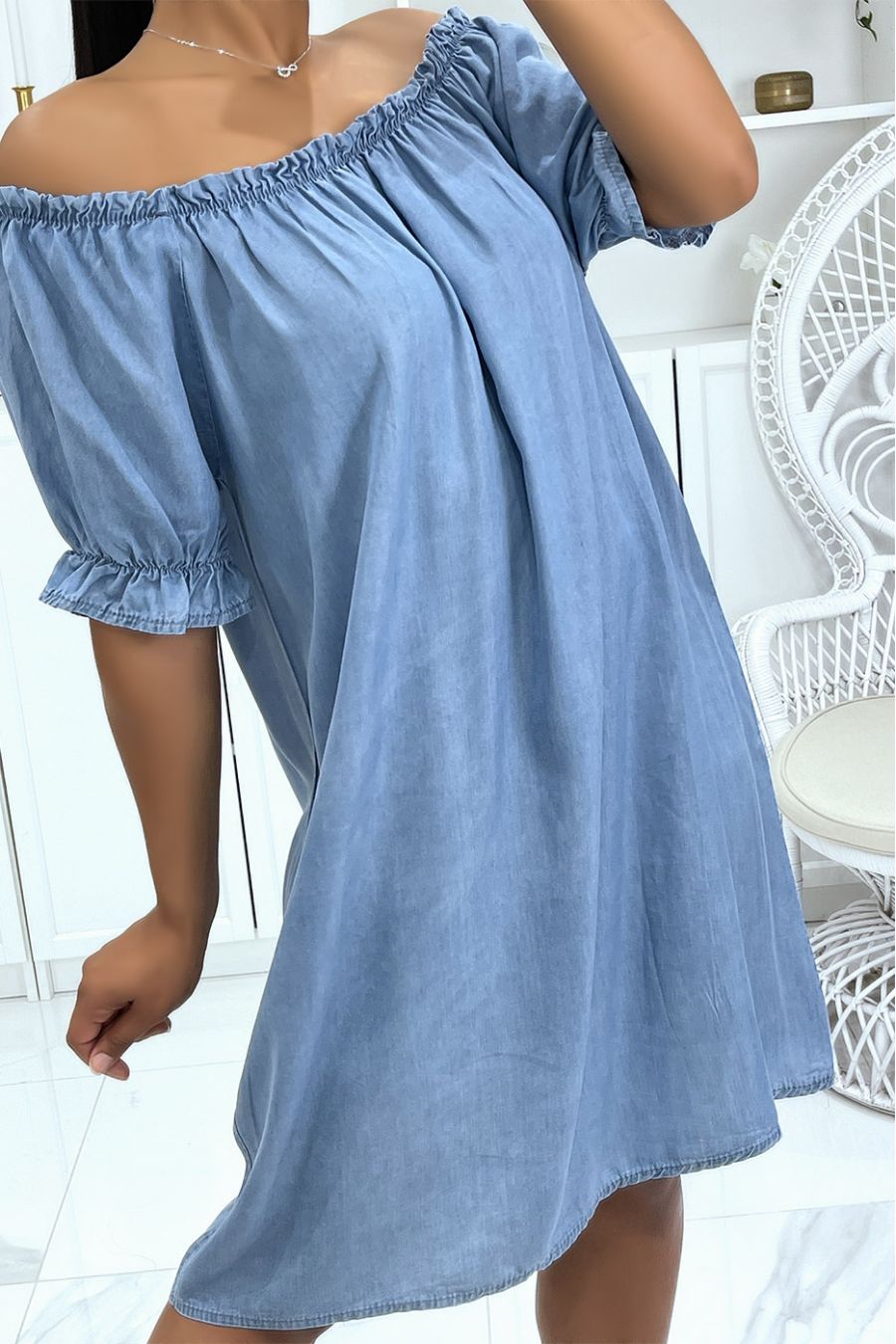 Tunique effet jean bleu clair col bardot et manches mi-longues élastiques - 3