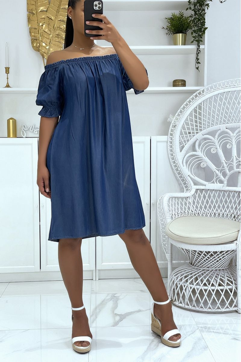 Dark blue denim effect tunic with bardot collar and elastic mid-length sleeves - 2