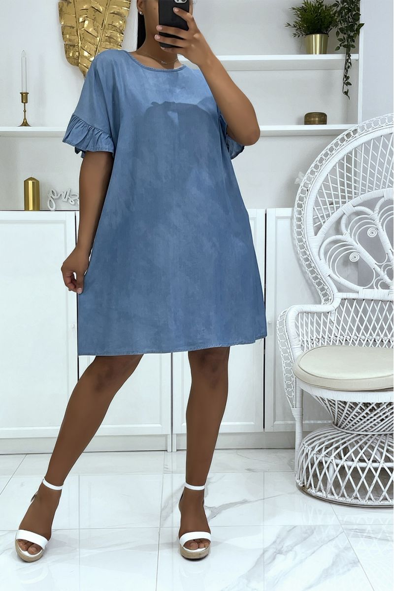 Light blue denim effect round neck tunic with pretty ruffled sleeves - 2