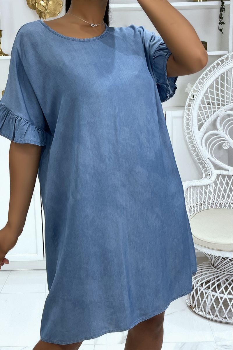 Light blue denim effect round neck tunic with pretty ruffled sleeves - 4