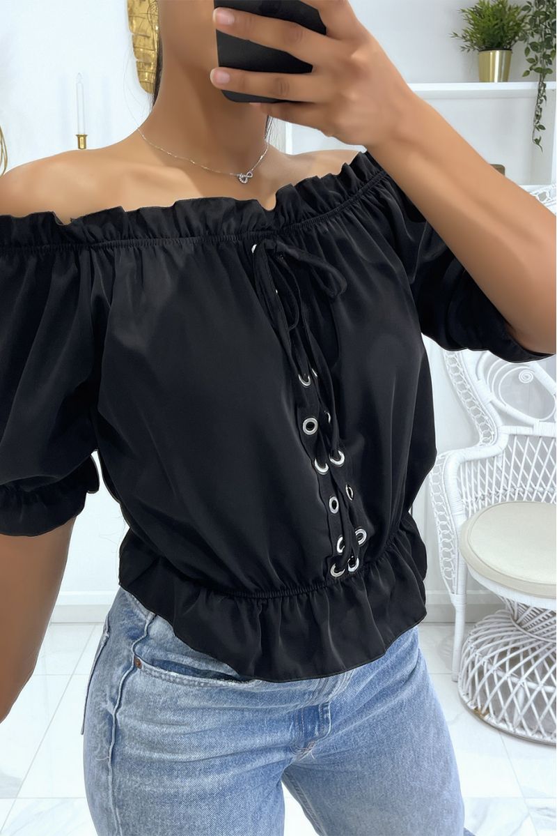 Top noir élastique à la taille et au niveau des épaules avec jolis lacets croisés à l'avant - 1