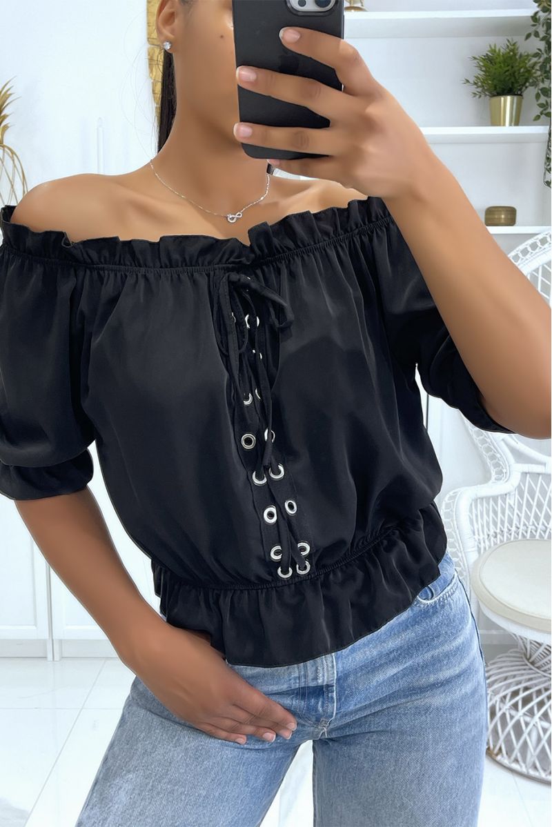 Top noir élastique à la taille et au niveau des épaules avec jolis lacets croisés à l'avant - 2