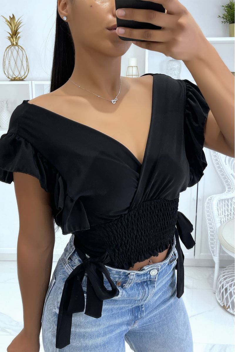 Black crop top wrap elastic at the waist with pretty bows on the sides - 1