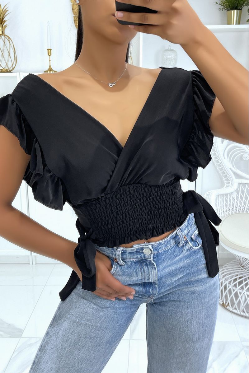 Black crop top wrap elastic at the waist with pretty bows on the sides - 2