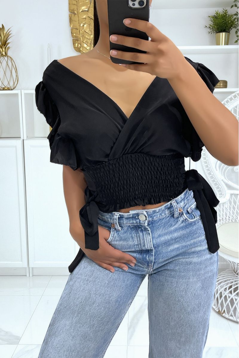 Black crop top wrap elastic at the waist with pretty bows on the sides - 3