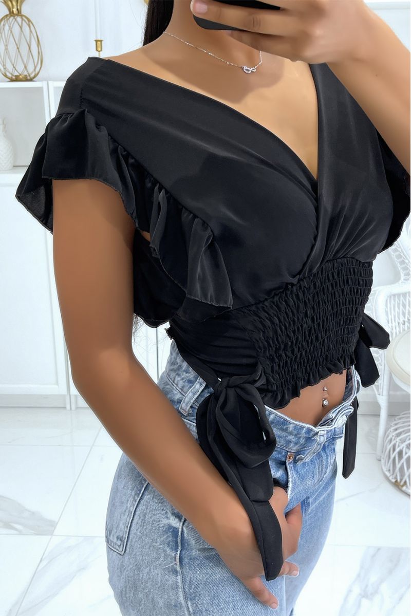 Black crop top wrap elastic at the waist with pretty bows on the sides - 4