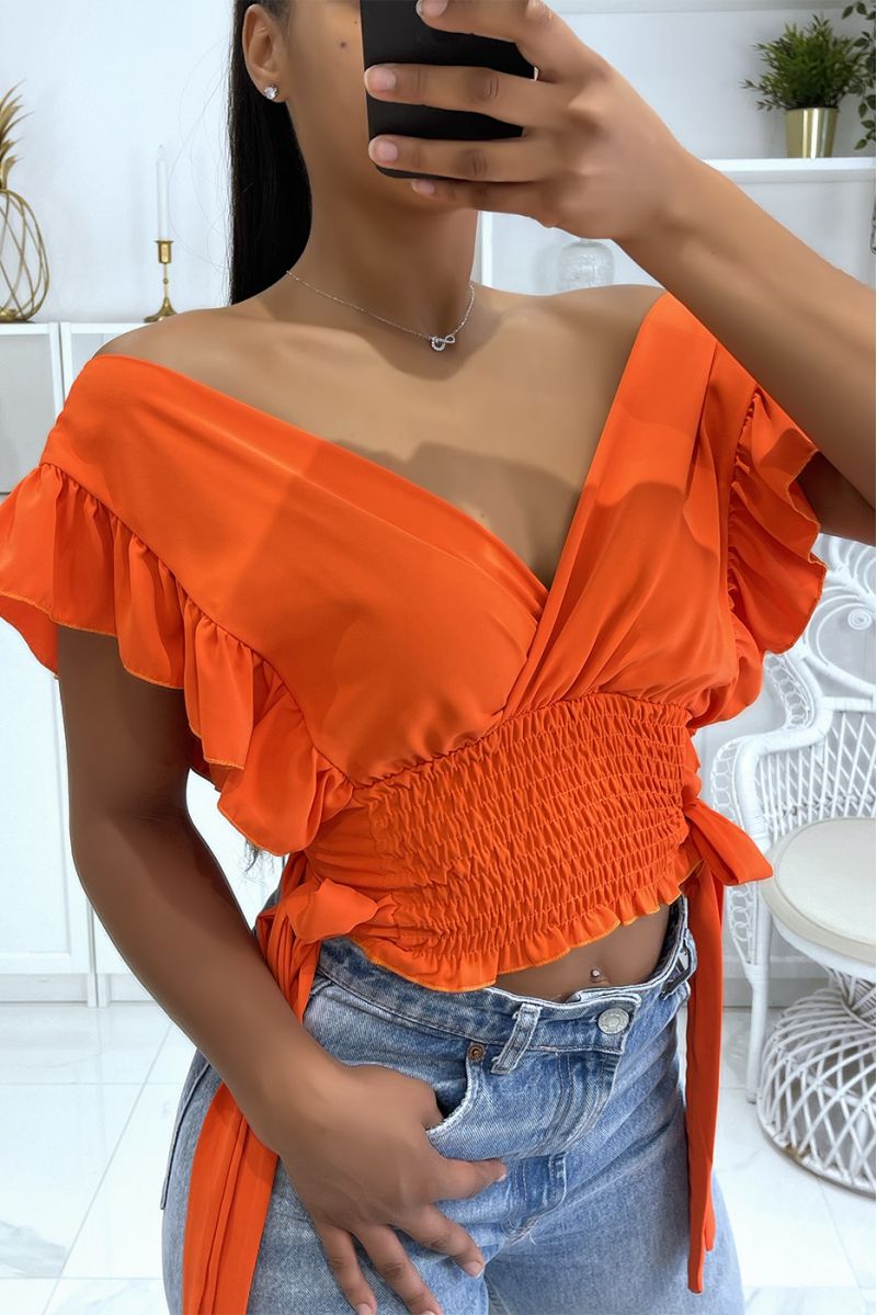 Oranje crop top wikkelelastiek in de taille met mooie strikjes aan de zijkanten - 1