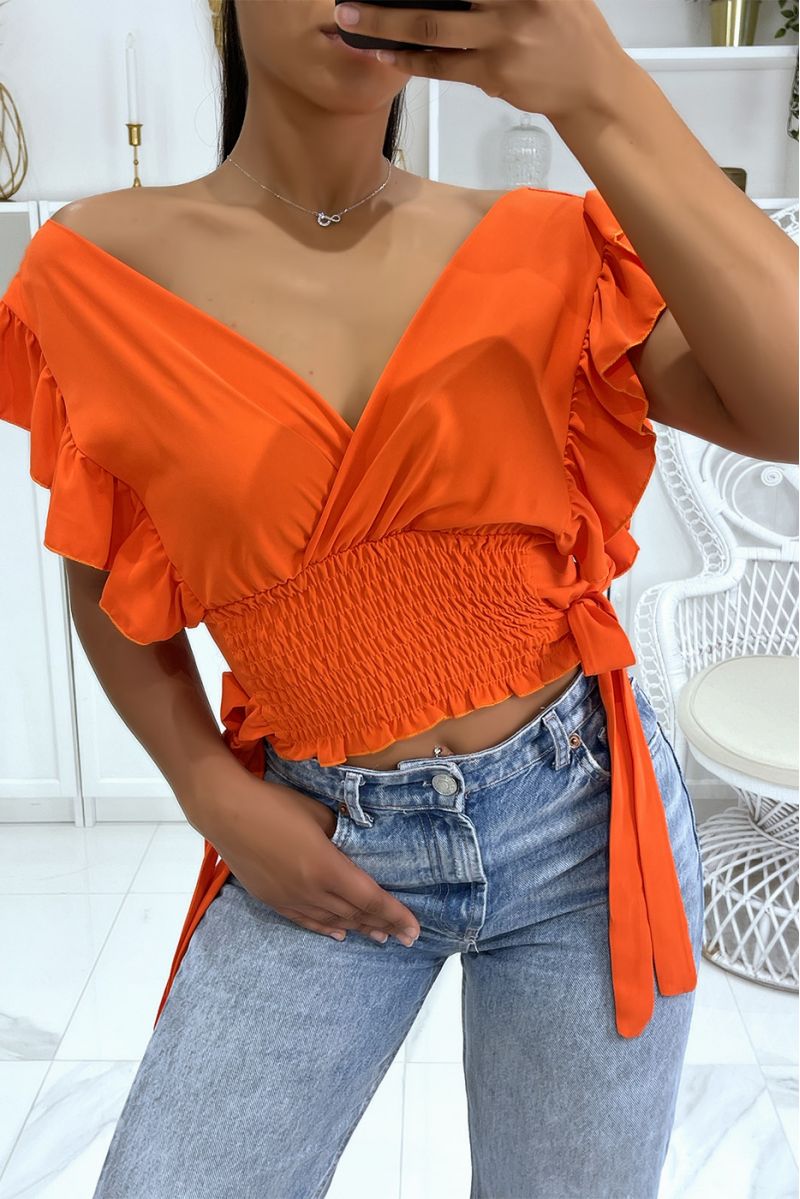 Oranje crop top wikkelelastiek in de taille met mooie strikjes aan de zijkanten - 2