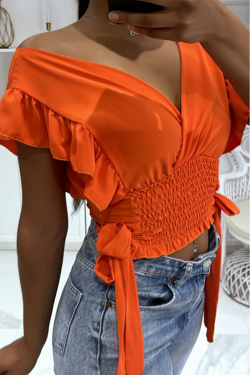 Oranje crop top wikkelelastiek in de taille met mooie strikjes aan de zijkanten - 3