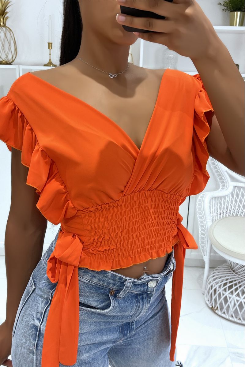 Oranje crop top wikkelelastiek in de taille met mooie strikjes aan de zijkanten - 4