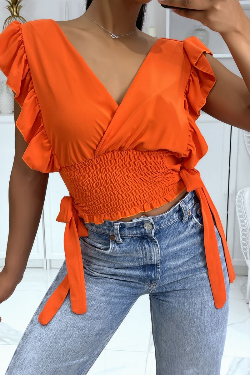 Oranje crop top wikkelelastiek in de taille met mooie strikjes aan de zijkanten - 5