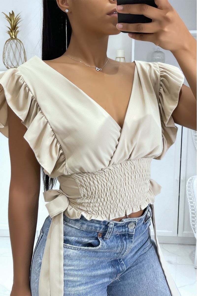 Crop top beige cache coeur élastique à la taille avec jolis noeuds sur les côtés - 1