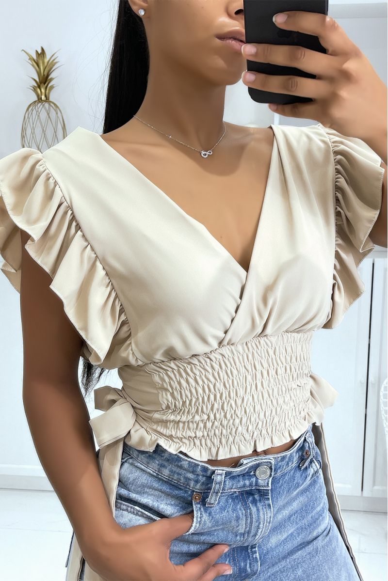 Beige crop top wikkelelastiek in de taille met mooie strikjes aan de zijkanten - 2