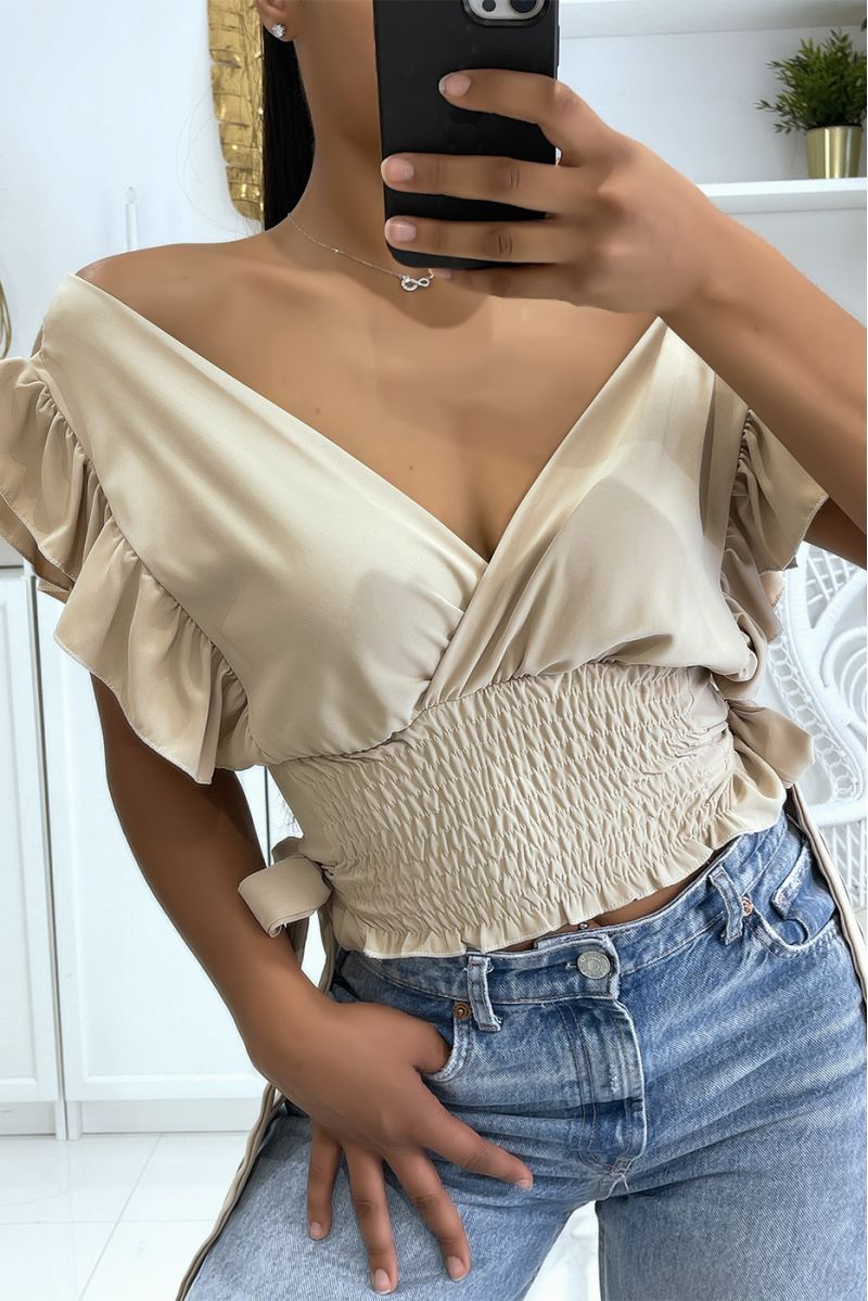 Beige crop top wikkelelastiek in de taille met mooie strikjes aan de zijkanten - 3