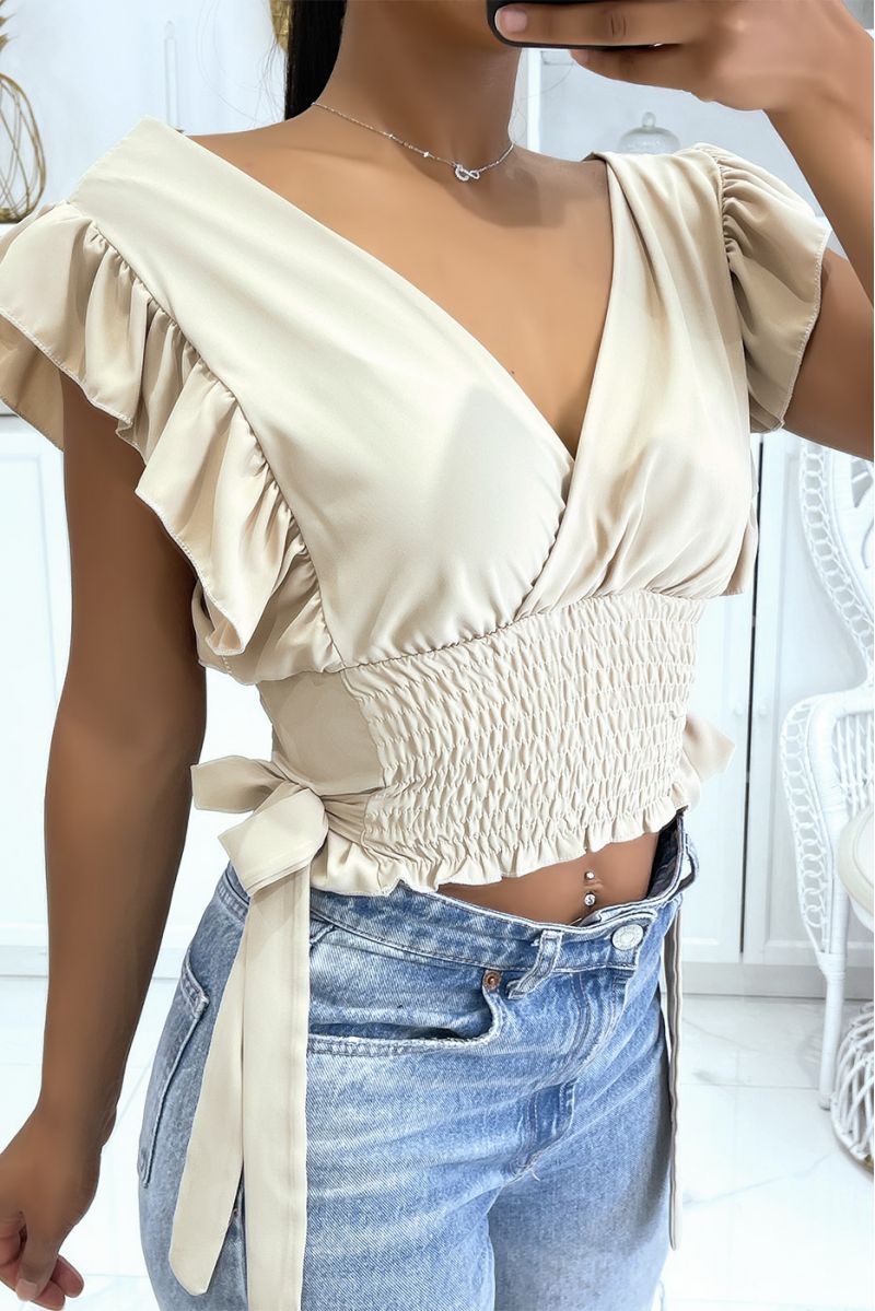 Beige crop top wrap elastic at the waist with pretty bows on the sides - 4