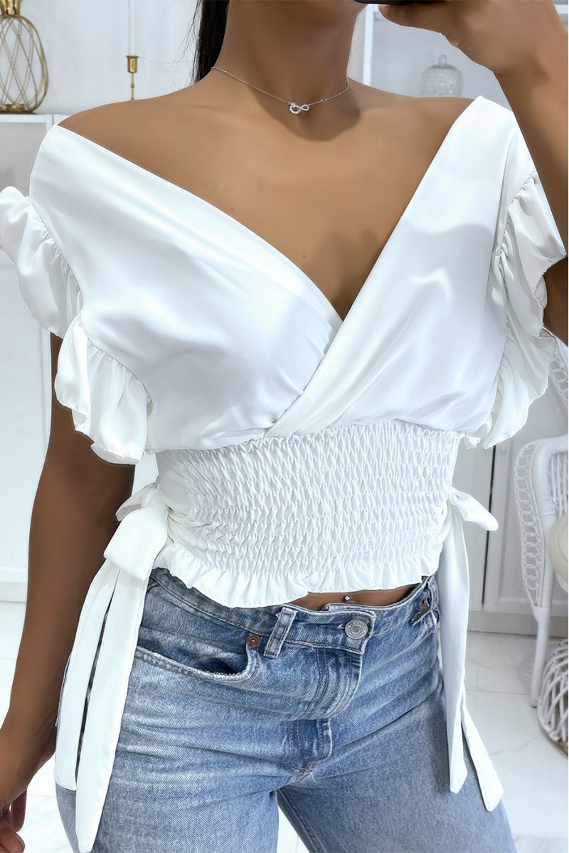 White crop top wrap elastic at the waist with pretty bows on the sides - 2
