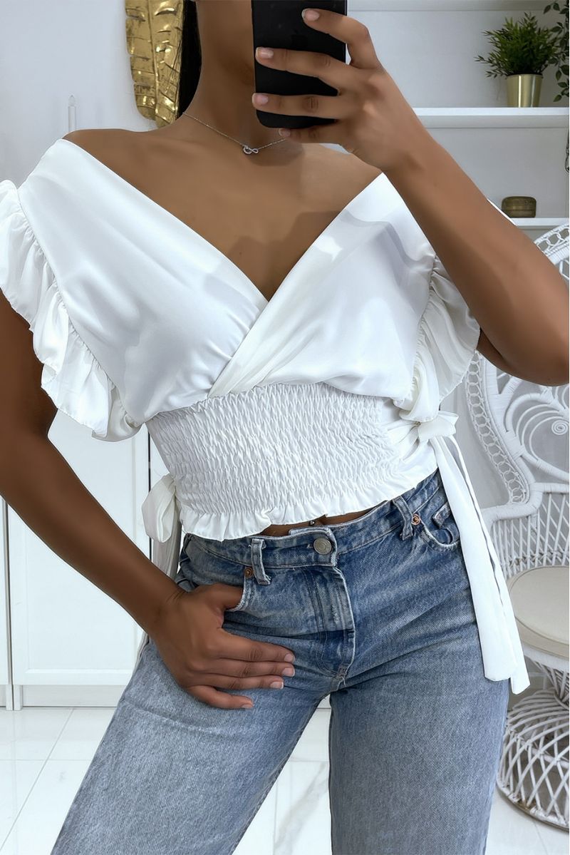 White crop top wrap elastic at the waist with pretty bows on the sides - 3