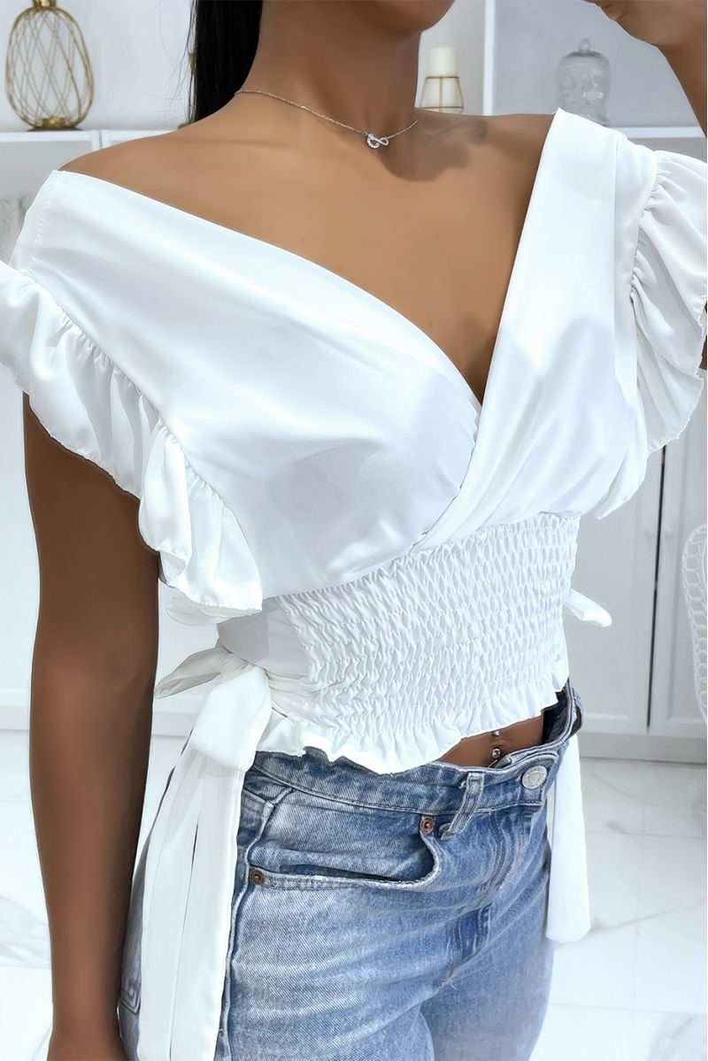 White crop top wrap elastic at the waist with pretty bows on the sides - 4