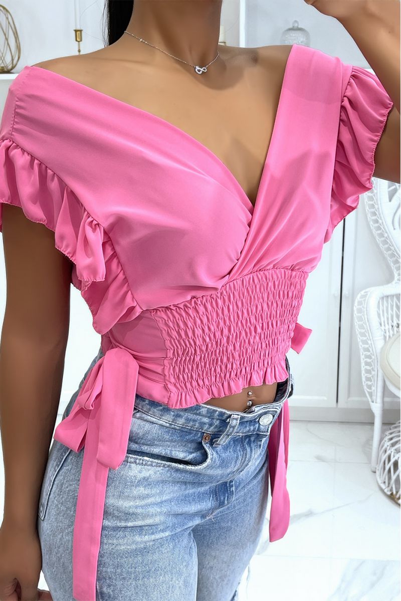 Fuchsia pink crop top wrap elastic at the waist with pretty bows on the sides - 2
