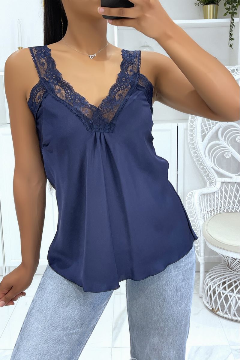 Losse satijnen marineblauwe tanktop met V-hals van hyperglamoureus kant - 2