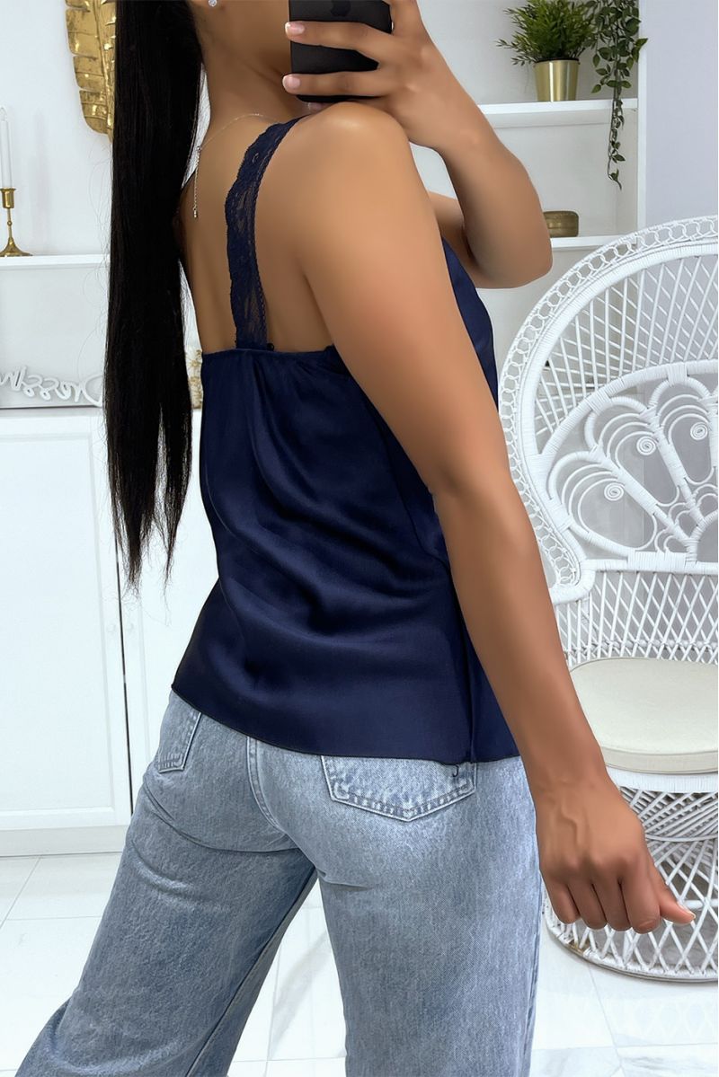 Losse satijnen marineblauwe tanktop met V-hals van hyperglamoureus kant - 4