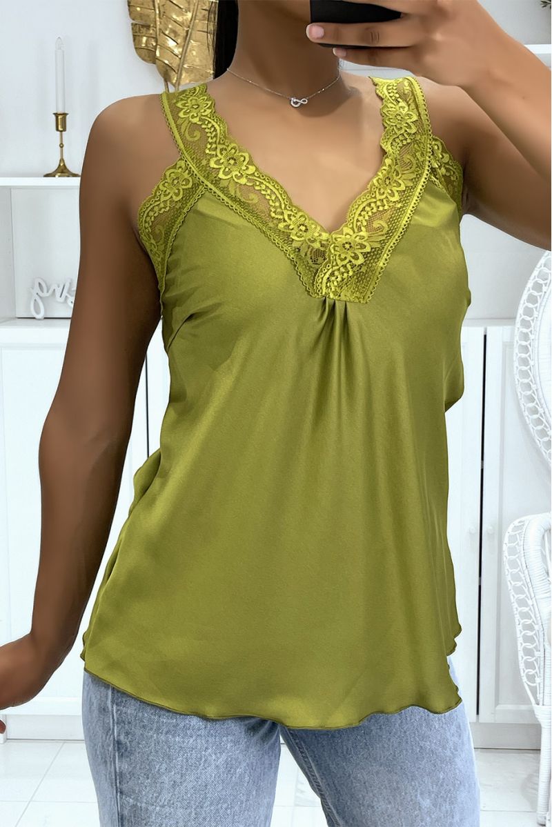 Loose pistachio satin tank top with hyper glamorous lace V-neck - 1
