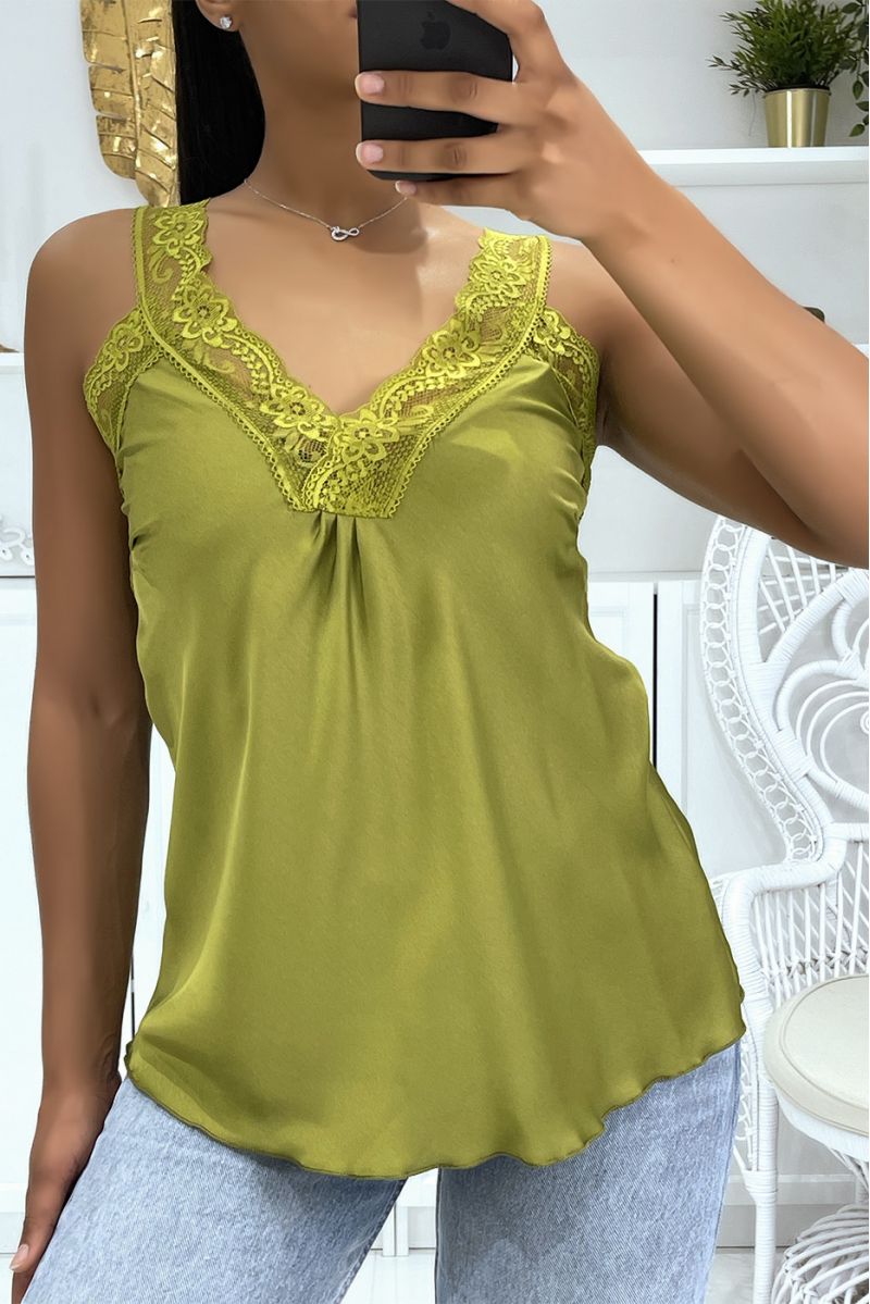 Loose pistachio satin tank top with hyper glamorous lace V-neck - 2