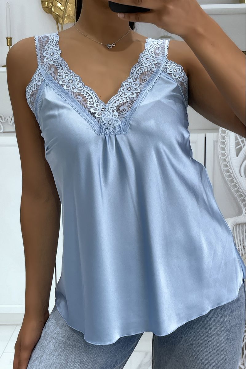 Loose turquoise satin V-neck tank top in hyper glamorous lace - 2