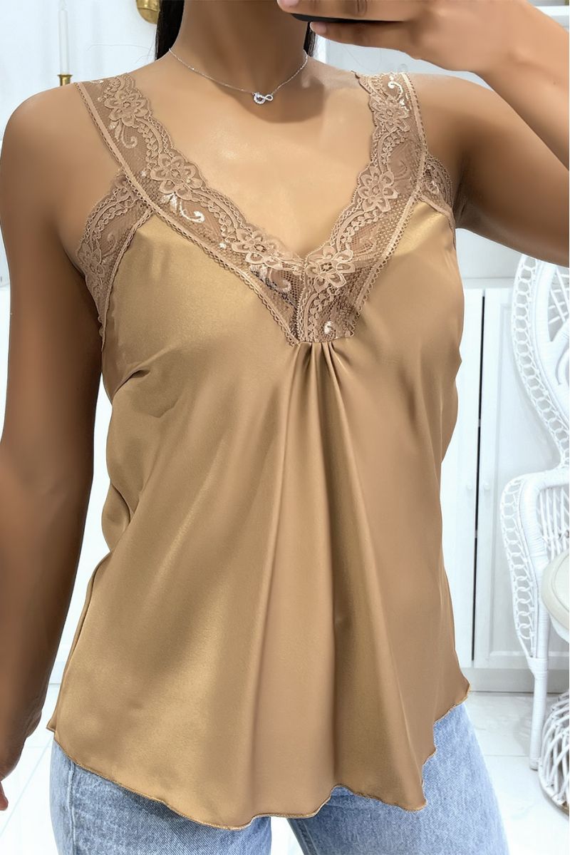 Loose satin taupe tank top with hyper glamorous lace V-neck - 1