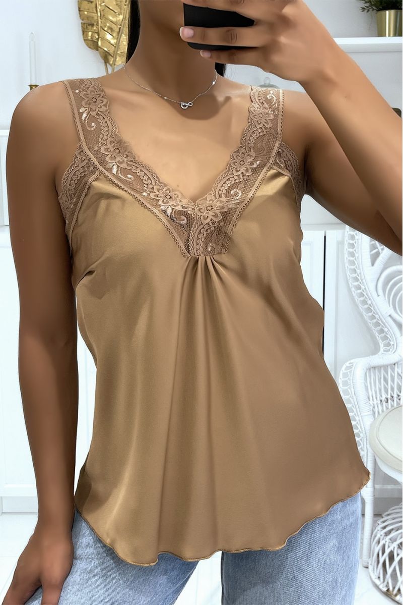 Loose satin taupe tank top with hyper glamorous lace V-neck - 2