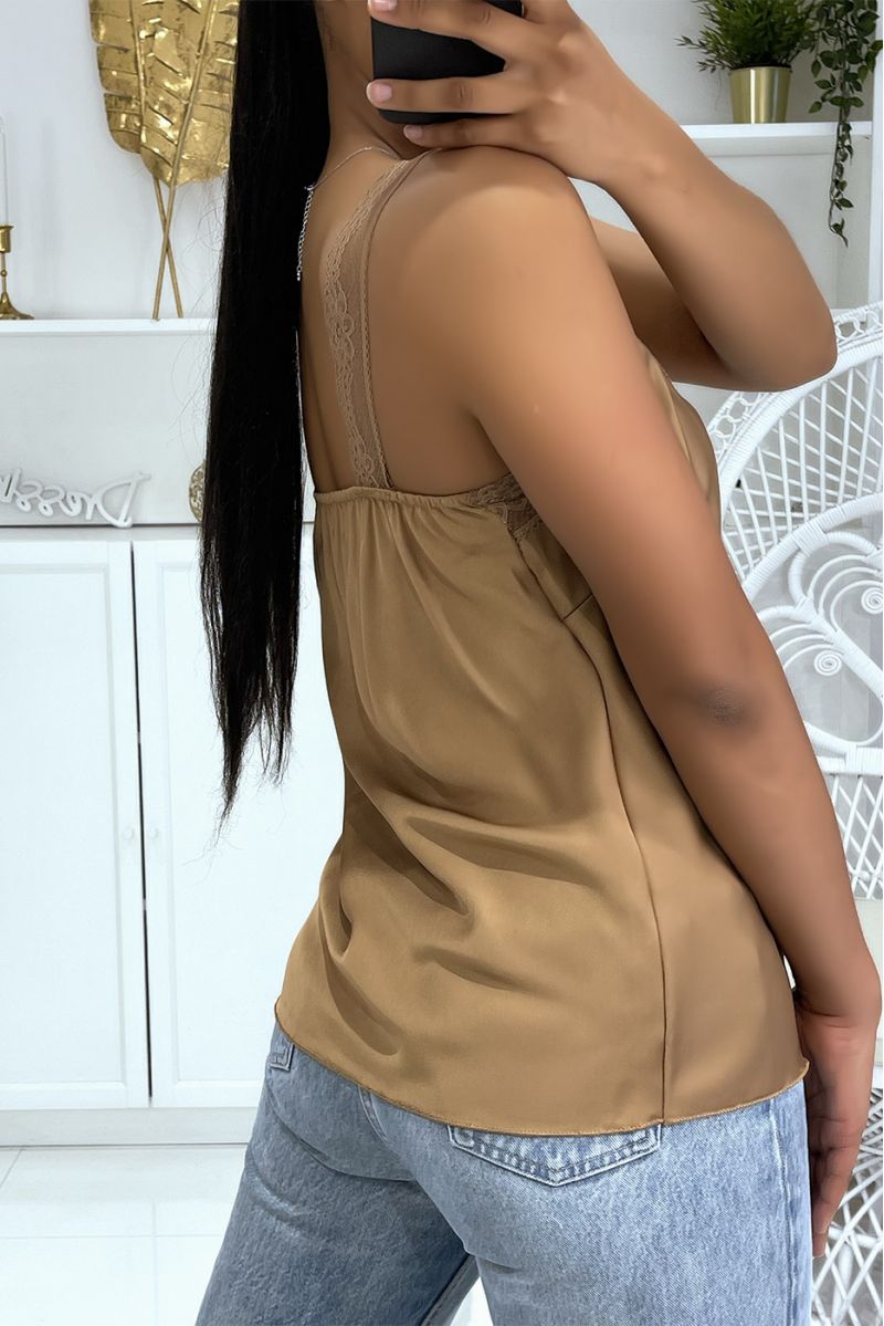 Loose satin taupe tank top with hyper glamorous lace V-neck - 3