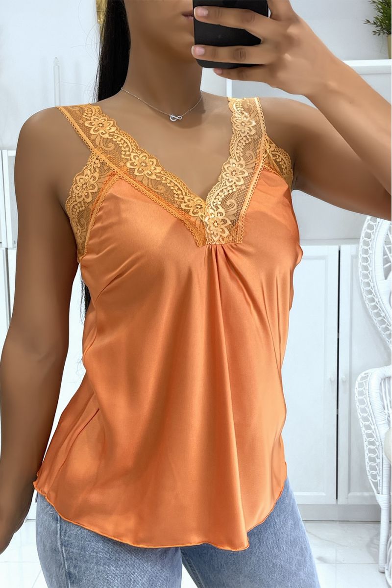 Loose orange satin vest top with hyper glamorous lace V-neck - 1