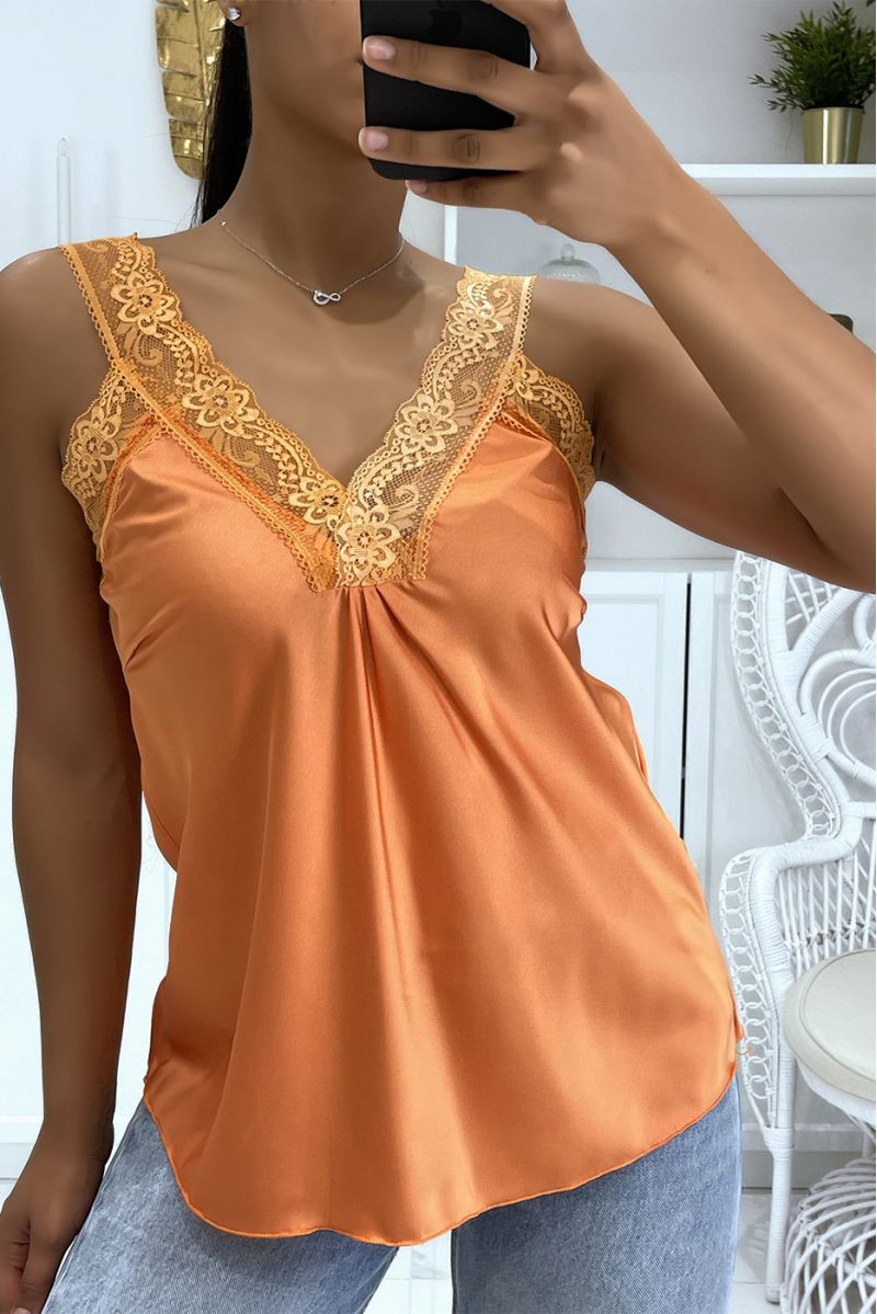 Loose orange satin vest top with hyper glamorous lace V-neck - 2
