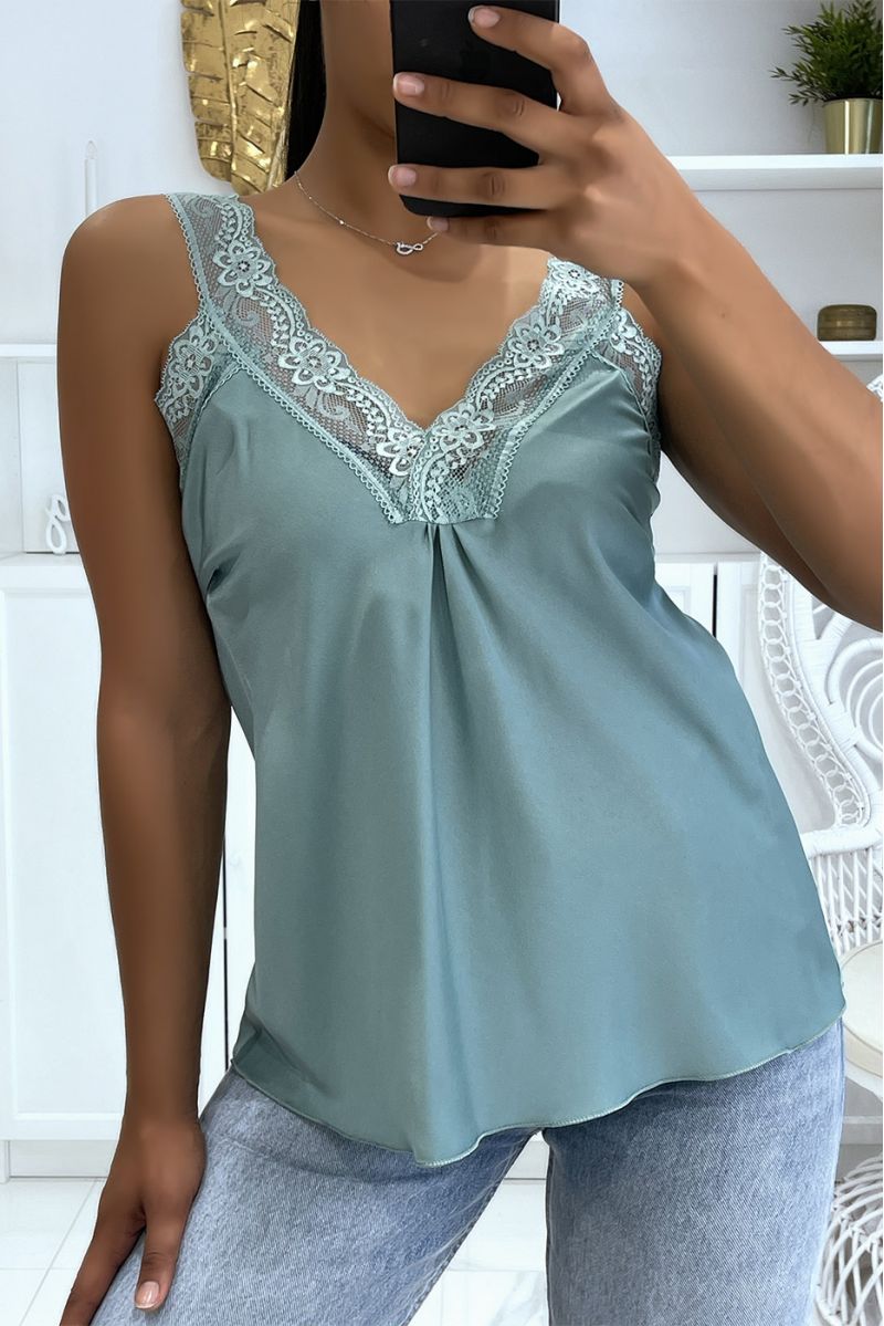 Loose water green satin tank top with V-neck in hyper glamorous lace - 2