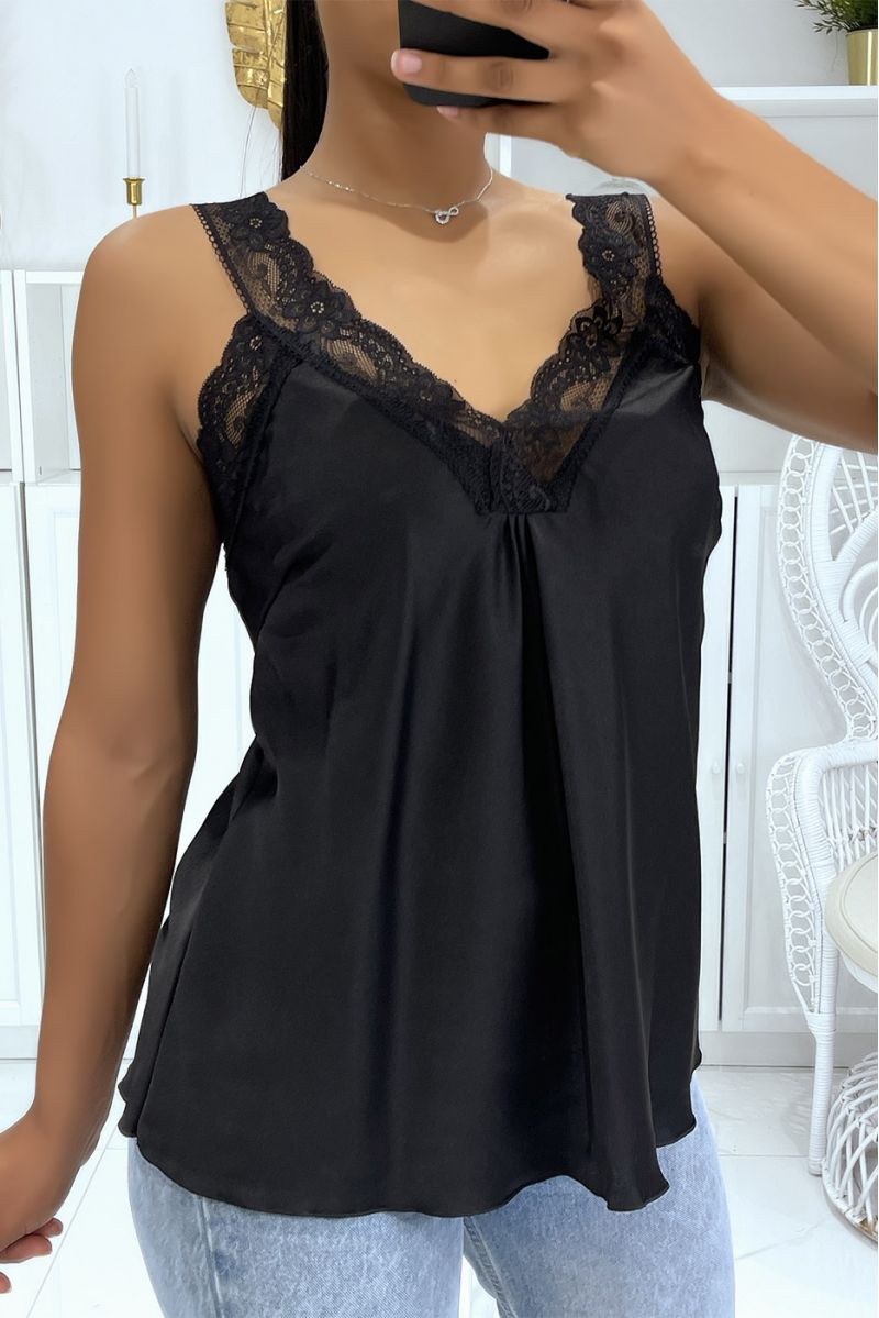 Loose black satin vest top with hyper glamorous lace V-neck - 1