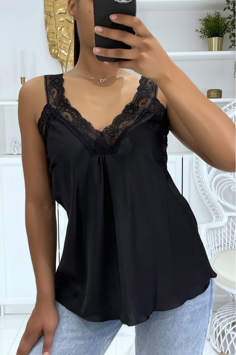 Loose black satin vest top with hyper glamorous lace V-neck - 2