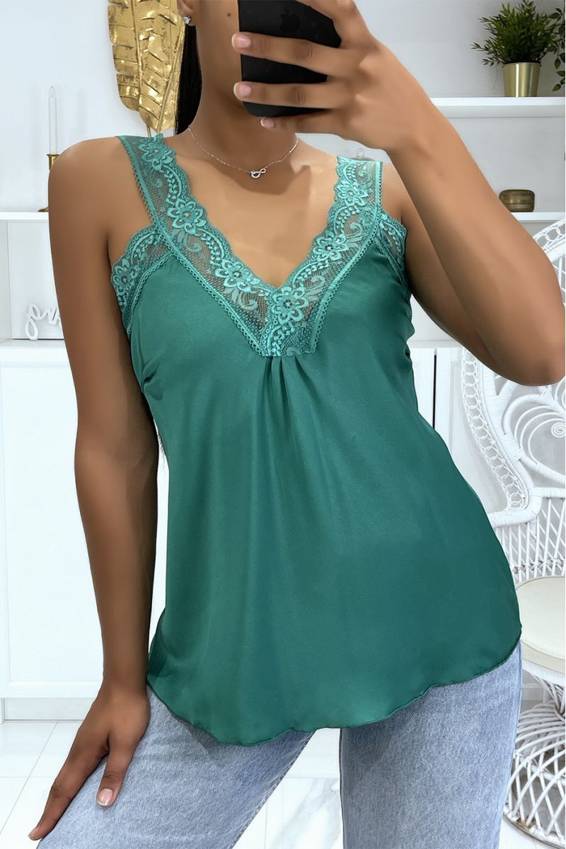 Loose green satin V-neck tank top in hyper glamorous lace - 2